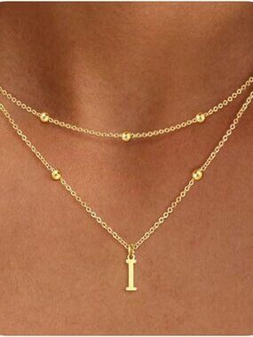 Layered Initial Necklaces for Women, Dainty Gold Letter Necklace Stack 14K Gold